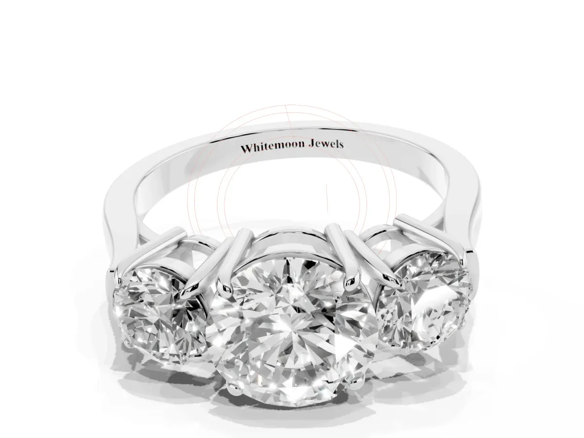 Three-Stone Round Cut Cut Diamond Ring with Round Accent Stones, Prong Setting, and Classic Band Silver