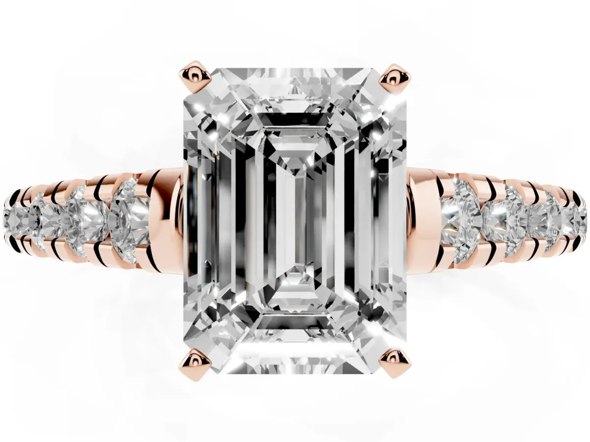 Emerald Cut Diamond Cathedral Solitaire Ring with Round Pavé Band Rose gold