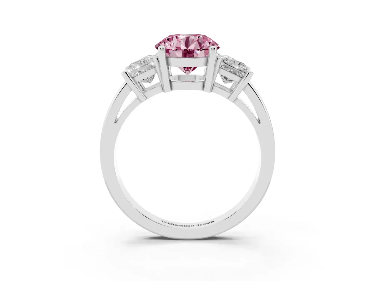 Fancy Pink Three-Stone Round Cut Cut Solitaire Ring with Prong Setting Platinum