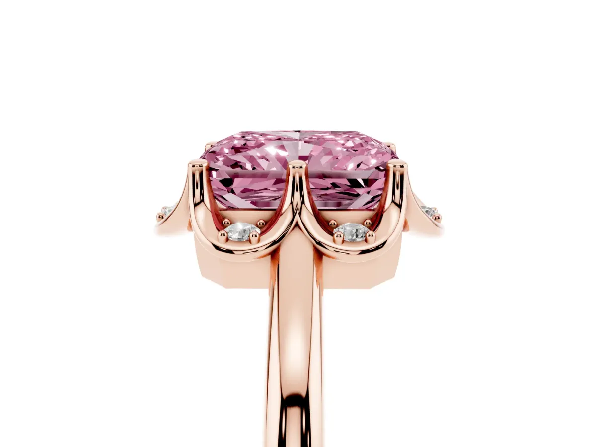 Fancy Pink Radiant Cut Halo Diamond Ring with Round Cluster Setting, Solitaire Band, and Four-Prong Setting Rose gold