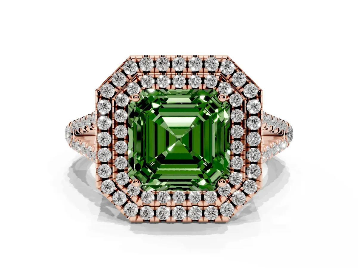 Fancy Green Asscher Cut Diamond Double Halo Ring with Pavé Band and Prong Setting Rose gold