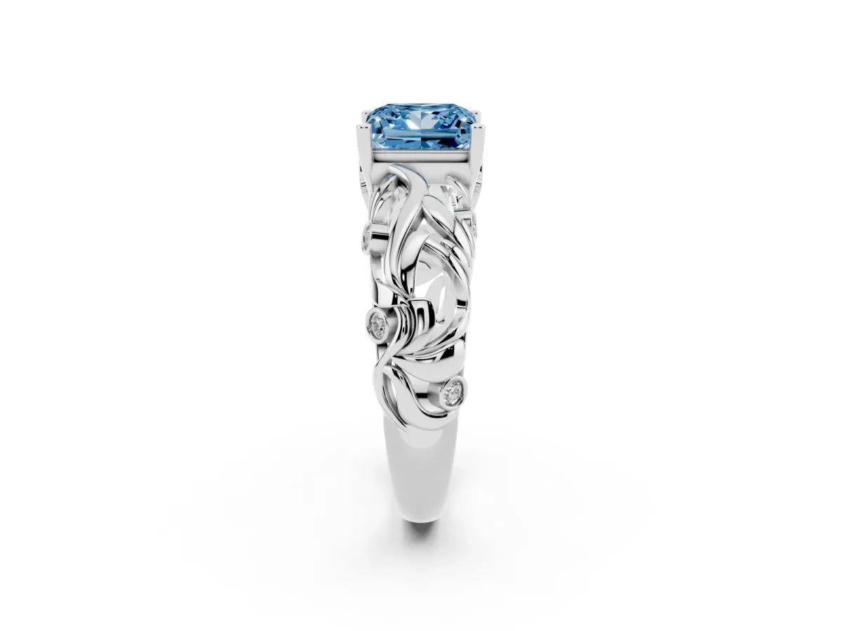 Fancy Blue Princess Cut Solitaire Diamond Leaf-Inspired Vine Band Ring with Prong Setting Silver