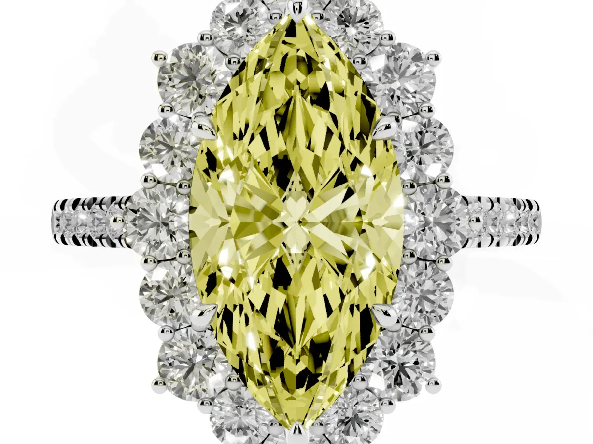 Fancy Yellow Marquise Cut Halo Diamond Ring with Pavé Band and Prong Setting White gold