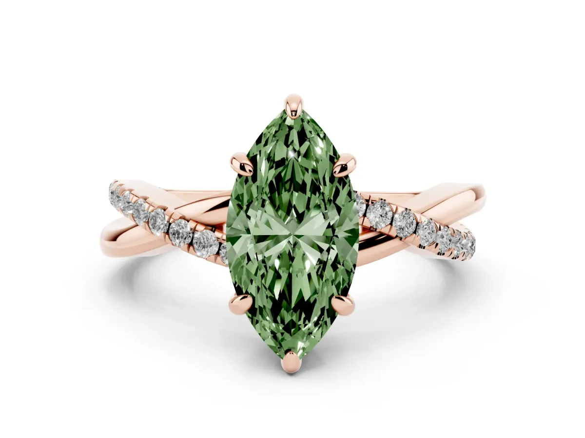 Fancy Green Marquise Cut Cut Diamond Twist Band Solitaire with Prong Setting Rose gold