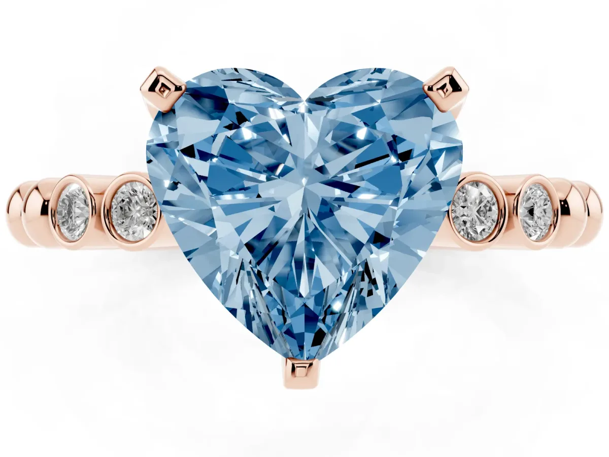Fancy Blue Heart Cut Solitaire Bezel Accent Diamond Engagement Ring with Beaded Band and Four-Prong Setting Rose gold