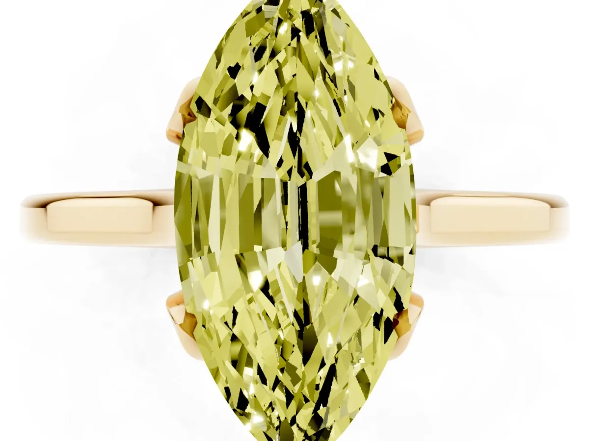 Fancy Yellow Marquise Cut Diamond Solitaire Ring with Flower Prong Setting and Classic Band Yellow gold
