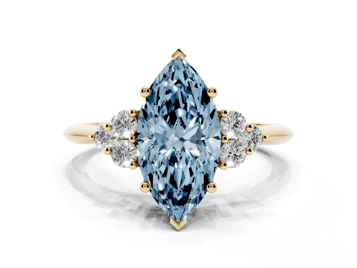 Fancy Blue Marquise Cut Cut Diamond Cluster Ring with Solitaire Band and Four-Prong Setting Yellow gold