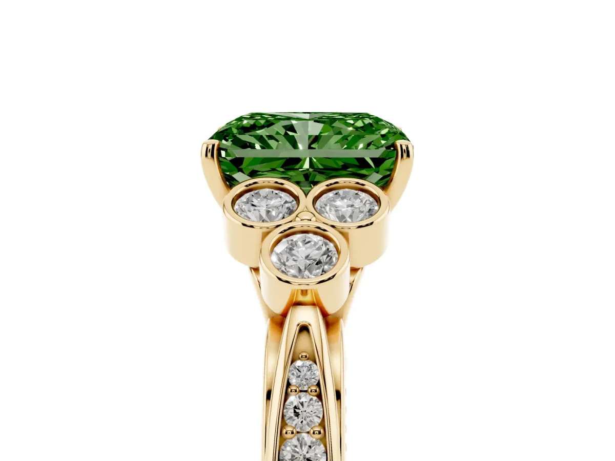 Fancy Green Radiant Cut Cut Diamond Engagement Ring with Bezel Set Round Side Stones and Prong Setting Yellow gold