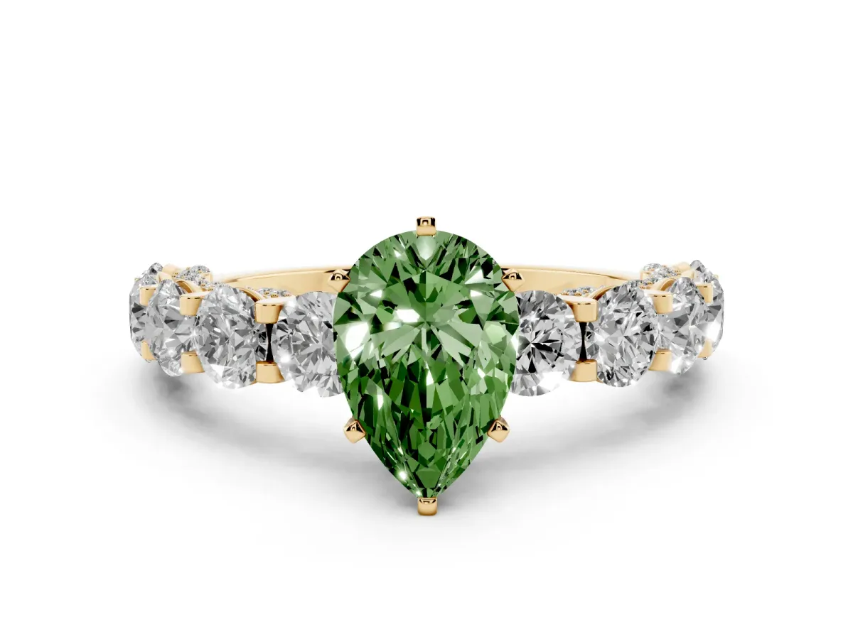 Fancy Green Pear Cut Diamond Side Stone Engagement Ring with Four-Prong Setting Yellow gold