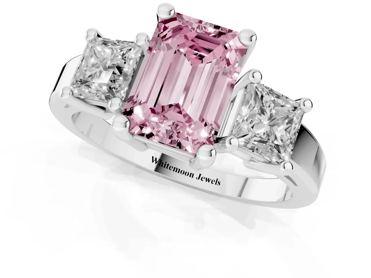 Fancy Pink Three-Stone Emerald Cut Cut Solitaire Ring with Prong Setting Silver