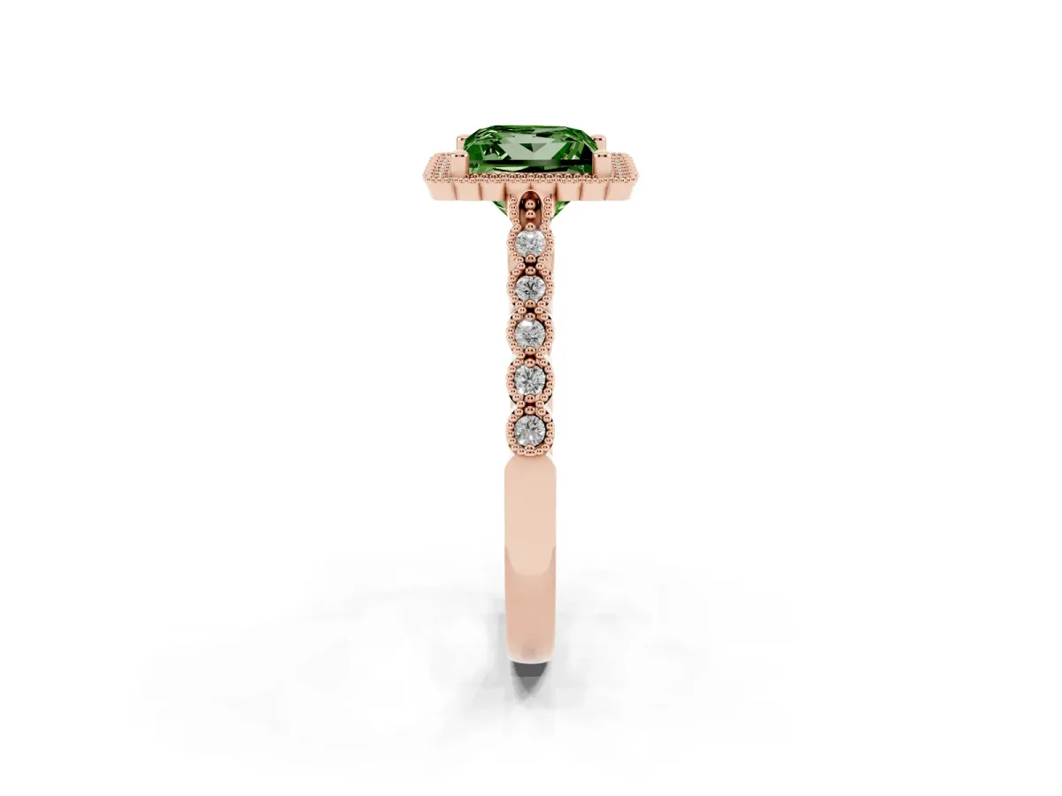 Fancy Green Princess Cut Cut Halo Pavé Solitaire Ring with Milgrain Band Rose gold