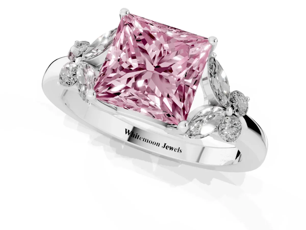Fancy Pink Princess Cut Cut Solitaire Floral Diamond Ring with Four-Prong Setting Silver