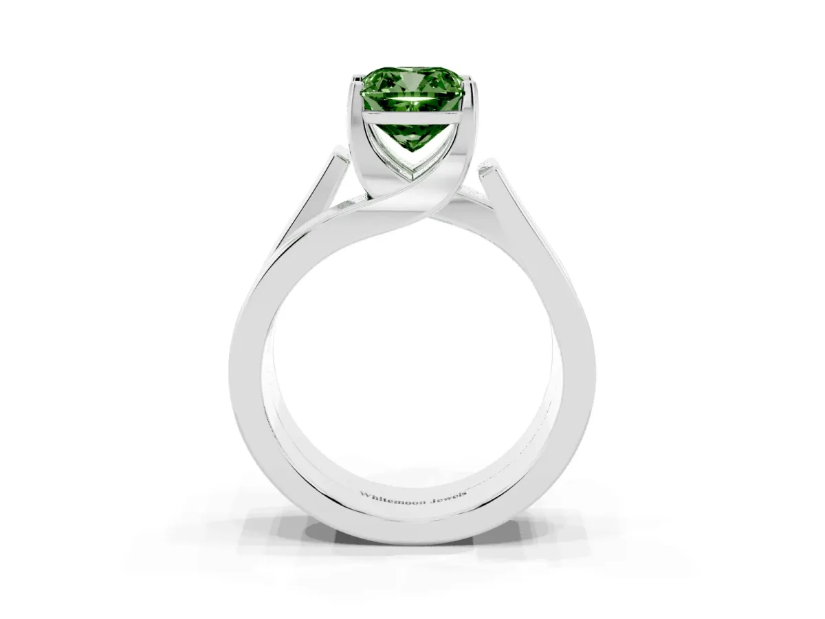 Fancy Green Modern Tension Set Cushion Cut Diamond Solitaire Wide Band Ring Silver