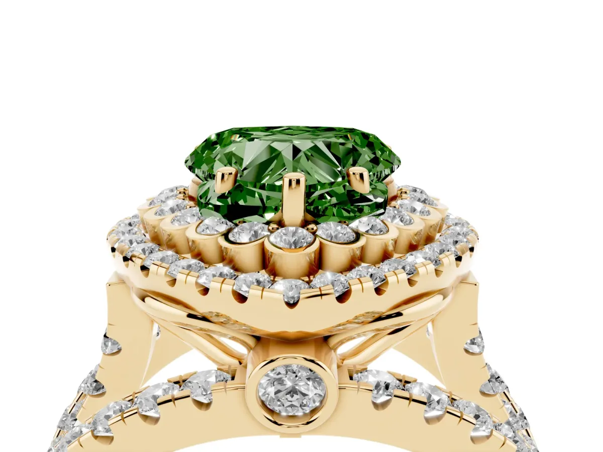 Fancy Green Heart Cut Diamond Double Halo Ring with Round Pavé Split Shank and Prong Setting Yellow gold