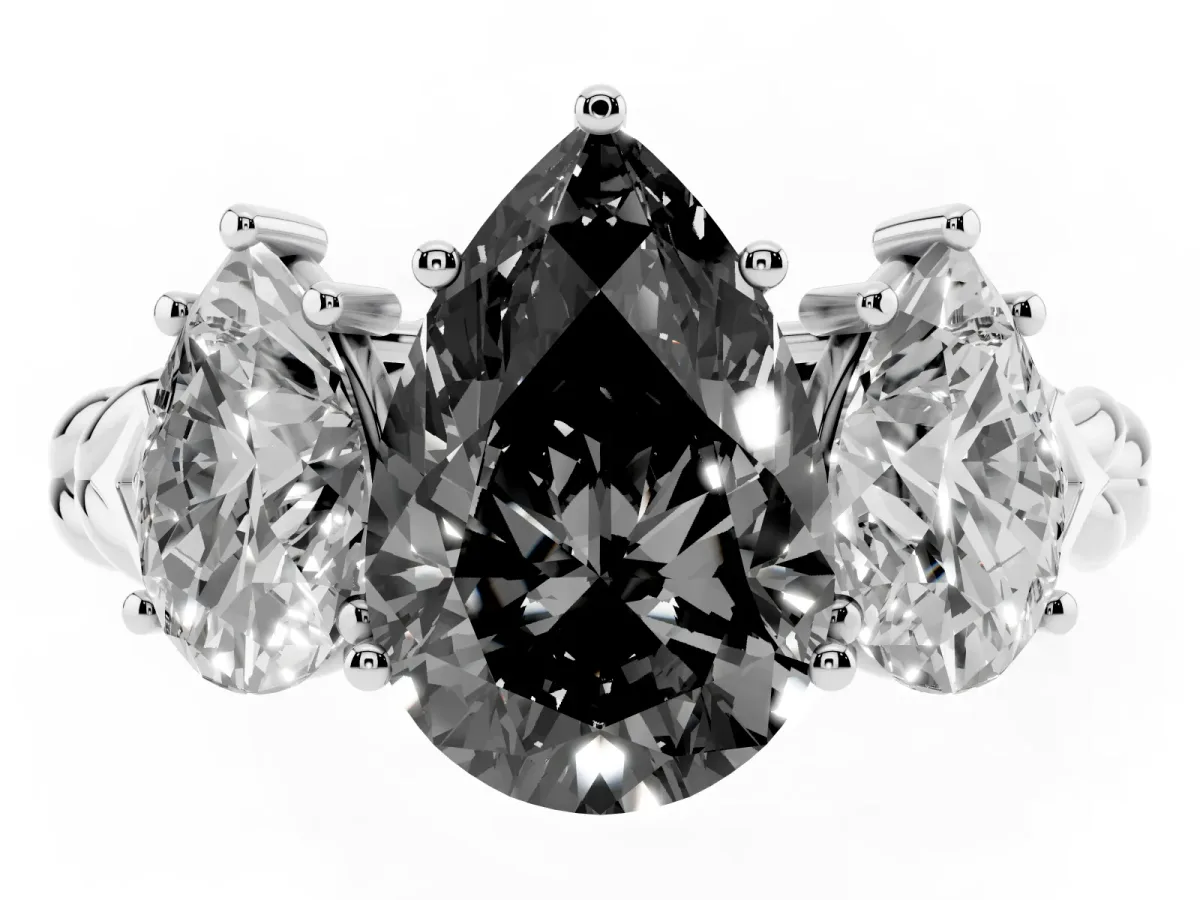 Fancy Black Three-Stone Pear Cut Diamond Braided Band Ring with Four-Prong Setting Silver