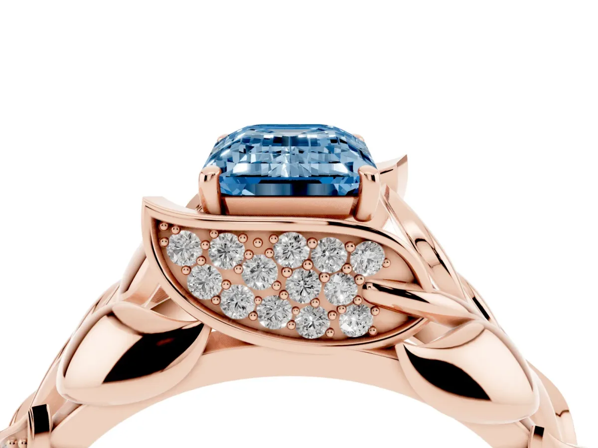 Fancy Blue Emerald Cut Diamond Leaf-Inspired Engagement Ring with Round Accents and Prong Setting Rose gold