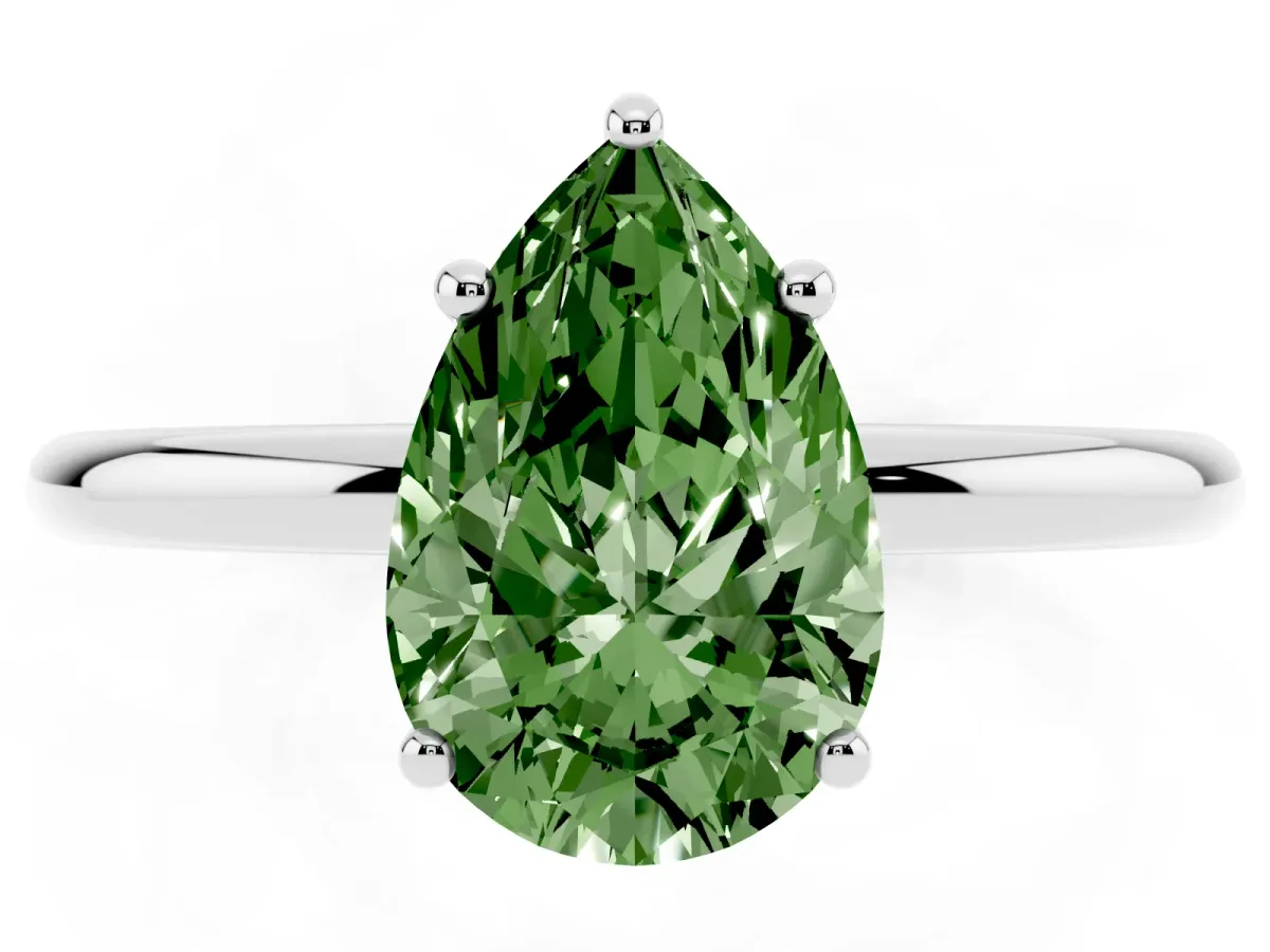Fancy Green Pear Cut Solitaire Diamond Ring with a Classic Band and Four-Prong Setting Silver