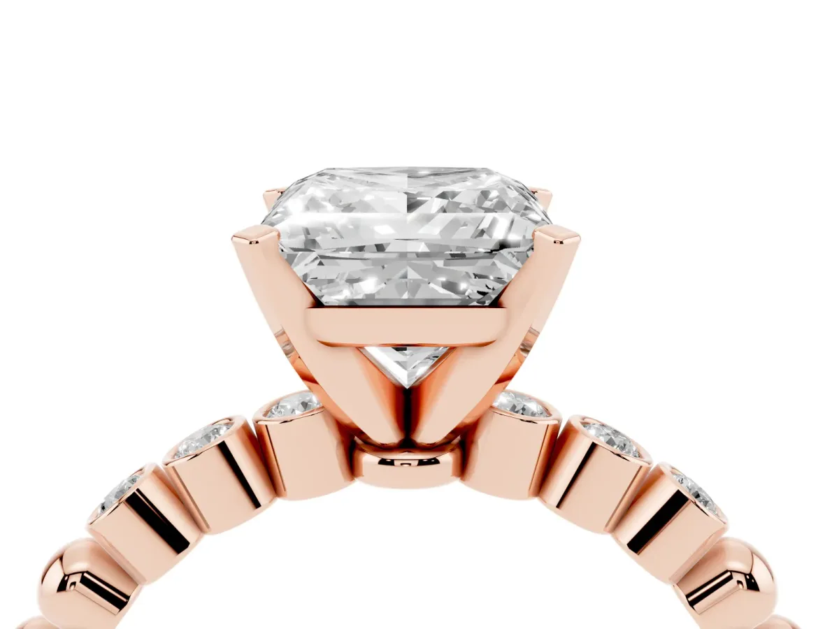 Princess Cut Solitaire Bezel Accent Diamond Engagement Ring with Beaded Band and Four-Prong Setting Rose gold