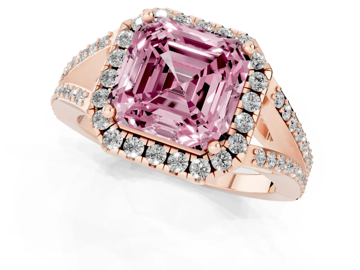 Fancy Pink Asscher Cut Halo Split Shank Diamond Ring with Prong Setting Rose gold