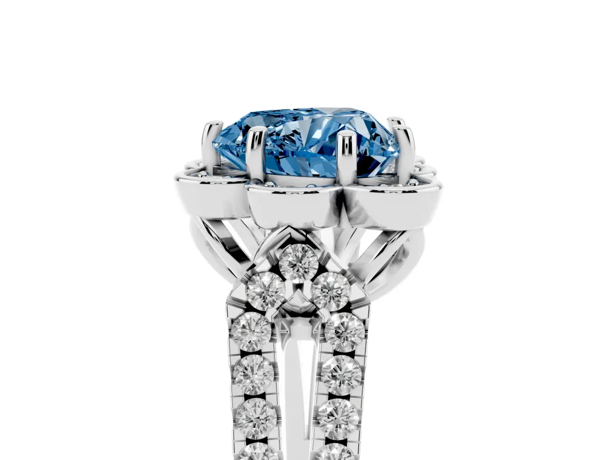 Fancy Blue Heart Cut Halo Diamond Floral Split Shank Engagement Ring Silver