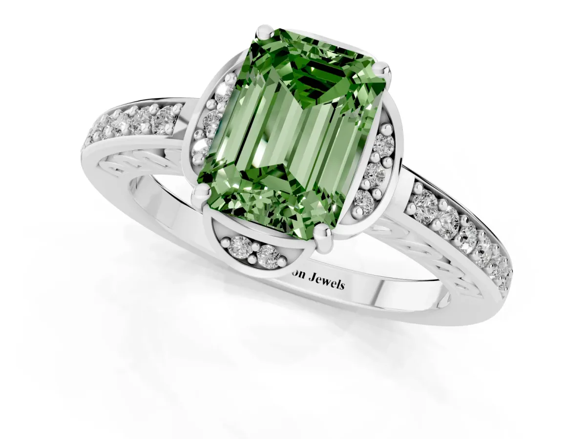 Fancy Green Emerald Cut Cut Halo Diamond Ring with Channel Set Band and Four-Prong Setting Platinum