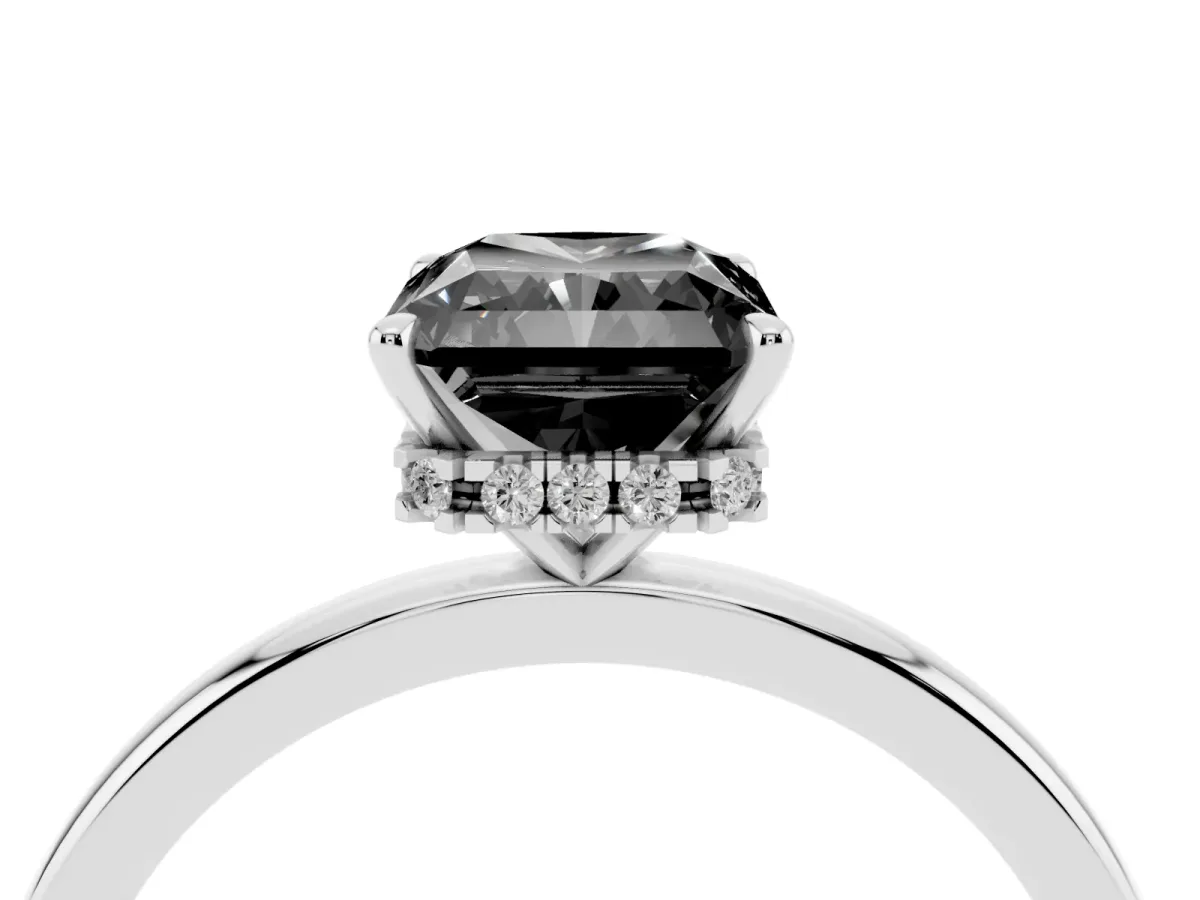 Fancy Black Radiant Cut Solitaire Engagement Ring with Cathedral Band and Four-Prong Setting Silver