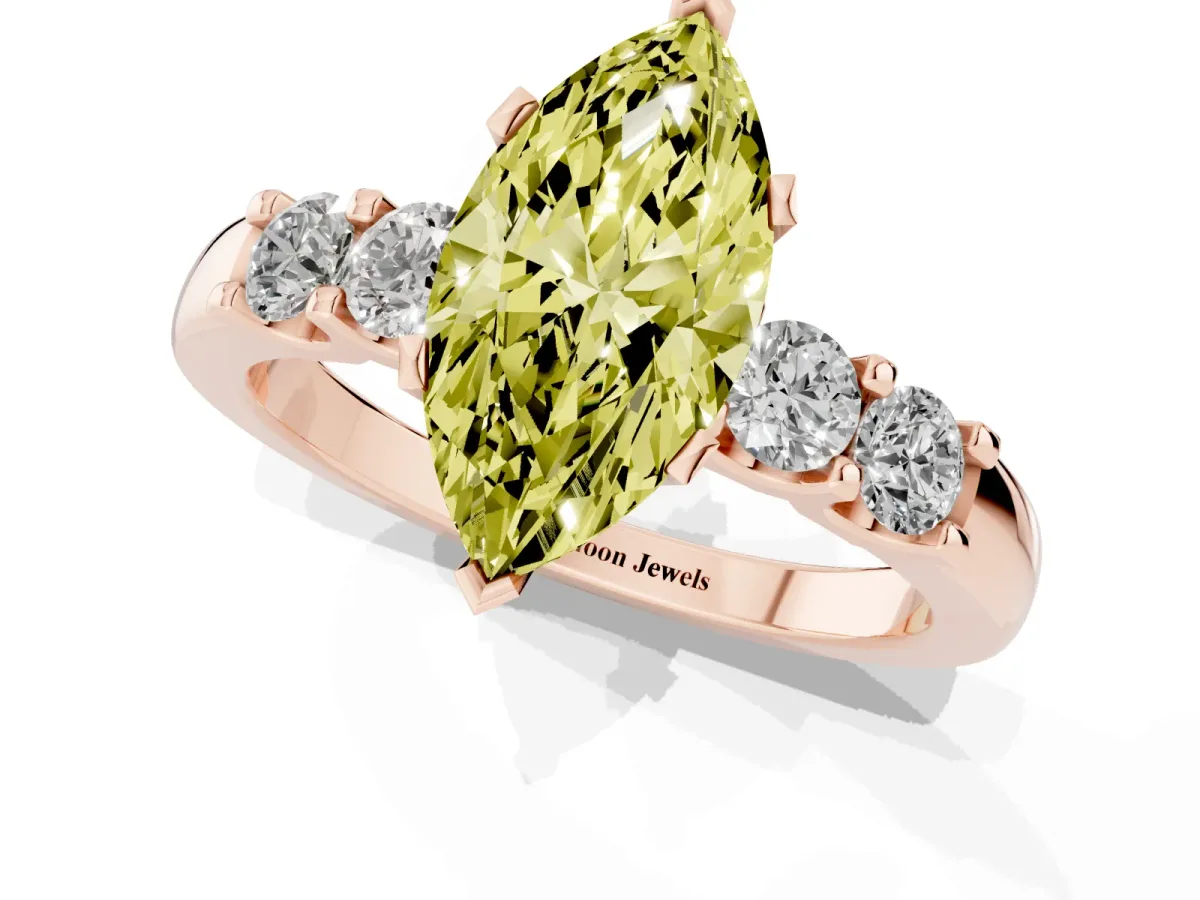 Fancy Yellow Marquise Cut Brilliant Cut Diamond Five-Stone Prong Set Engagement Ring with Channel Band Rose gold