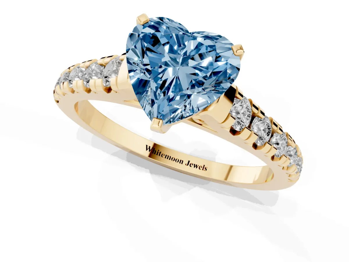 Fancy Blue Heart Cut Diamond Cathedral Solitaire Ring with Round Pavé Band Yellow gold