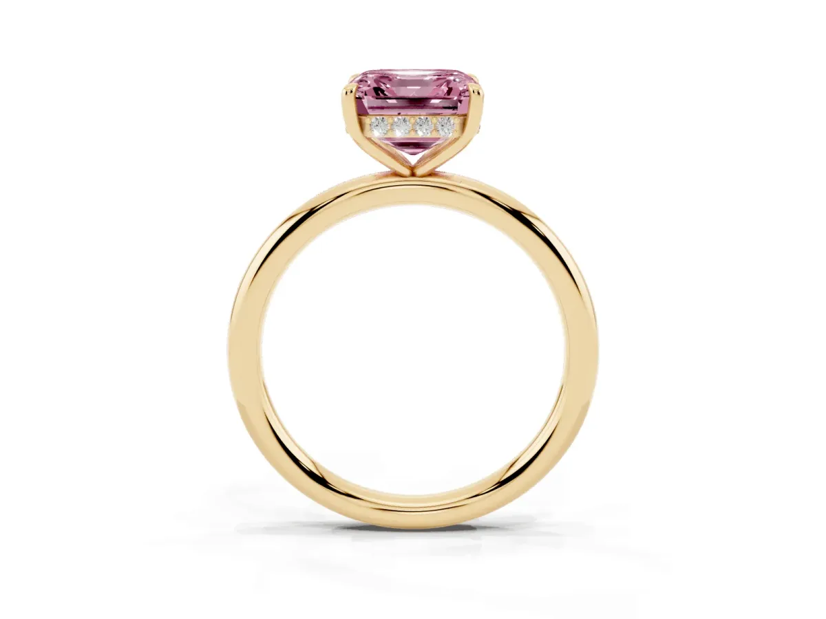 Fancy Pink Asscher Cut Diamond Solitaire Ring with Thin Band and Four-Prong Setting Yellow gold