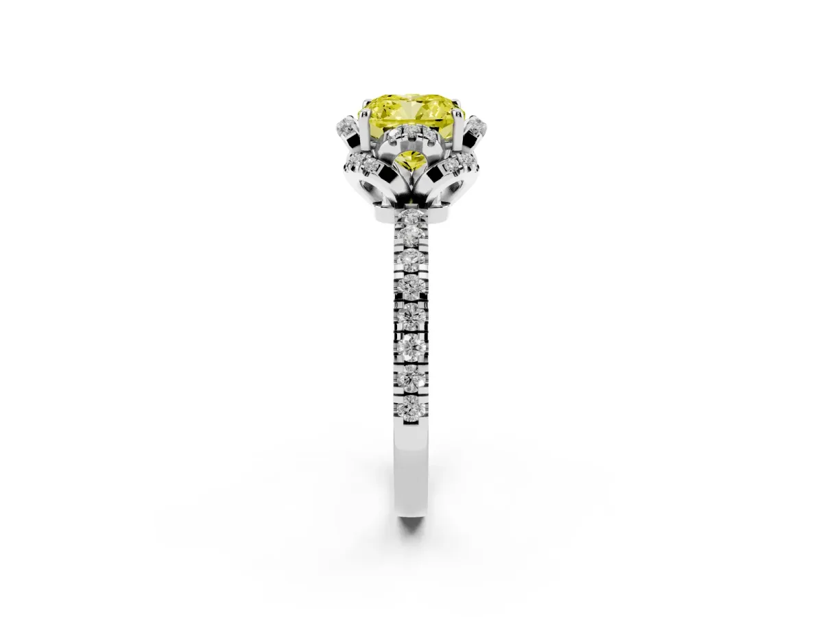 Fancy Yellow Cushion Cut Diamond Halo Pave Band with Four-Prong Setting Platinum