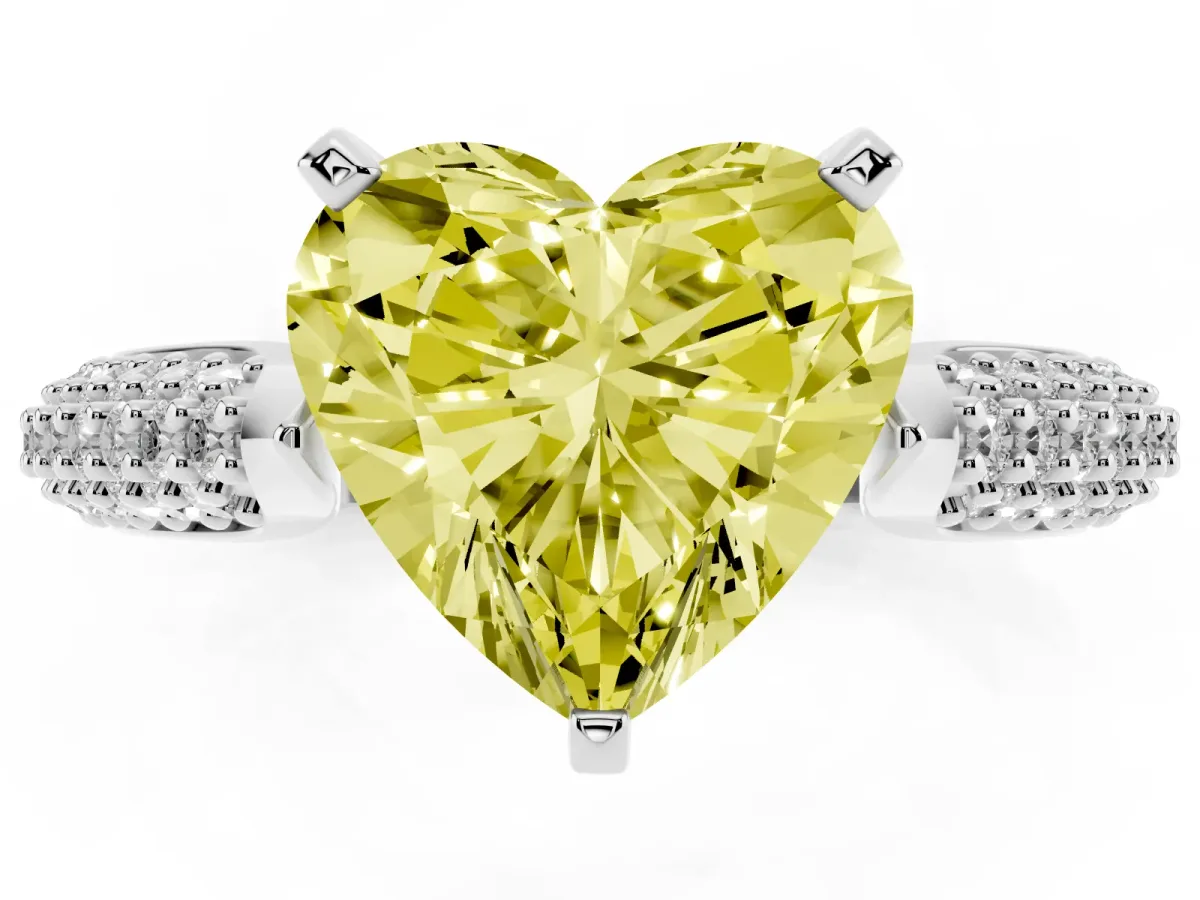 Fancy Yellow Heart Cut Diamond Solitaire Engagement Ring with Multi-Row Round Pavé Band and Prong Setting White gold