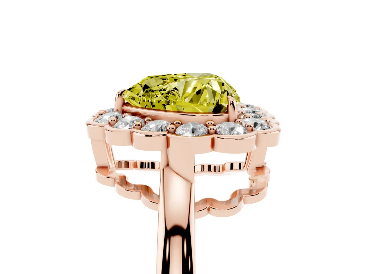 Fancy Yellow Heart Cut Halo Cluster Diamond Engagement Ring with Solitaire Band and Prong Setting Rose gold