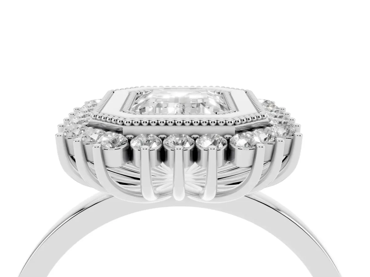Emerald Cut Halo Diamond Ring with Milgrain Edge and Round Prong Setting Silver