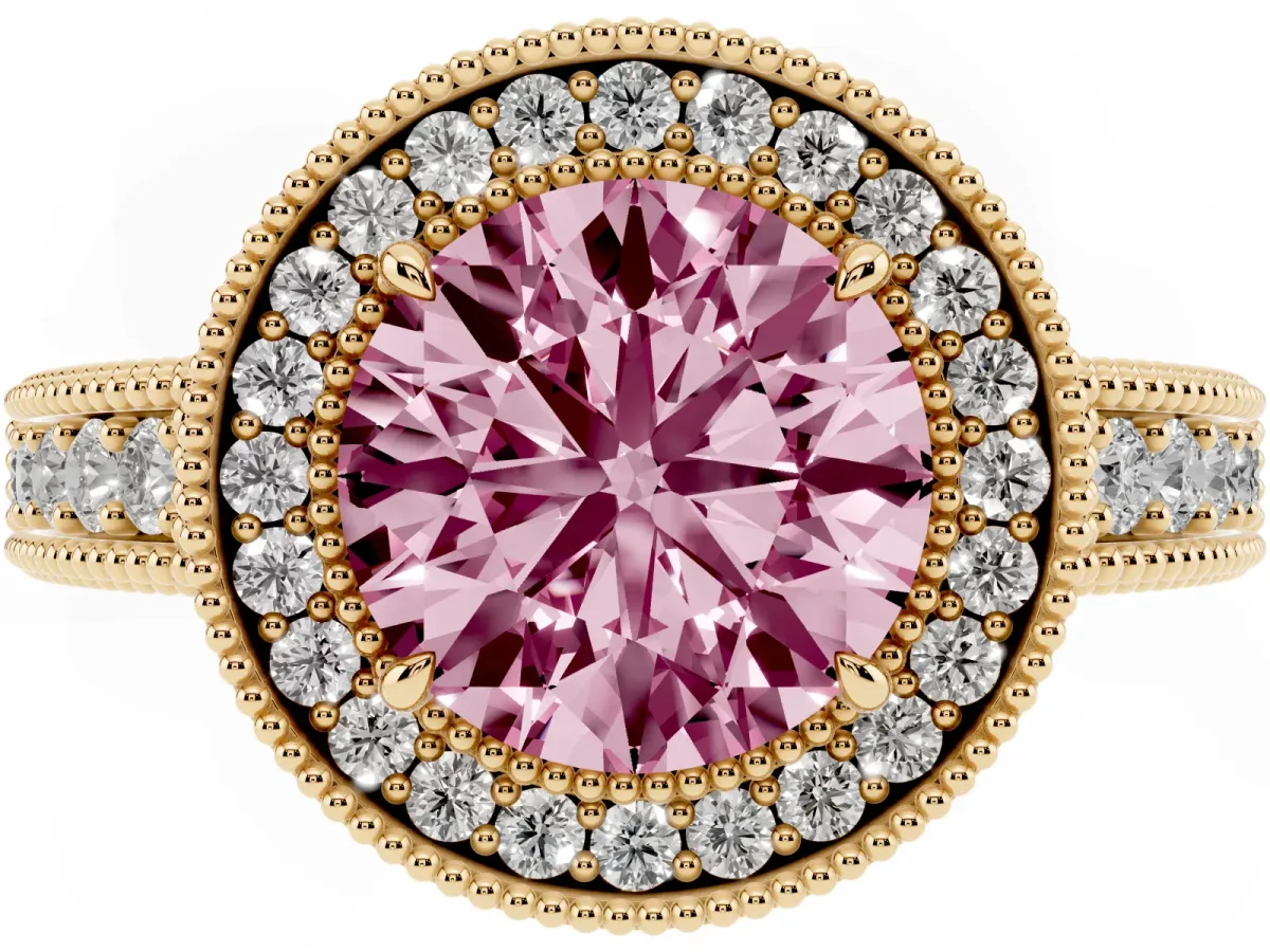 Fancy Pink Round Cut Cut Halo Diamond Ring with Pavé Band and Four-Prong Setting Yellow gold