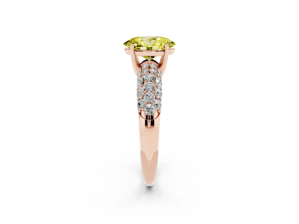 Fancy Yellow Oval Cut Diamond Pavé Band Solitaire Ring with Four-Prong Setting Rose gold