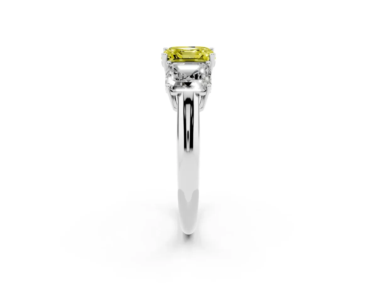 Fancy Yellow Three-Stone Asscher Cut Cut Diamond Engagement Ring with Prong Setting on a White Gold Band Silver