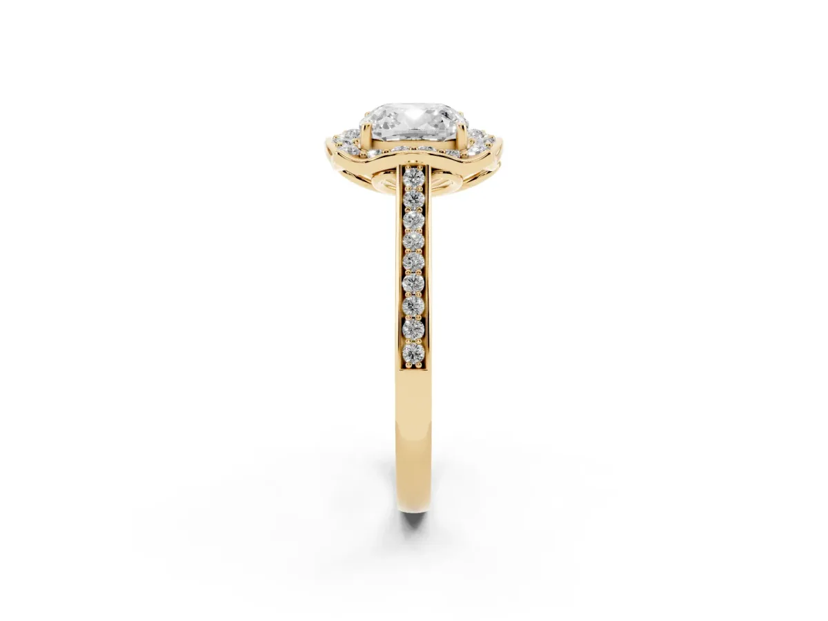 Cushion Cut Halo Round Diamond Pave Band with Four-Prong Setting Yellow gold