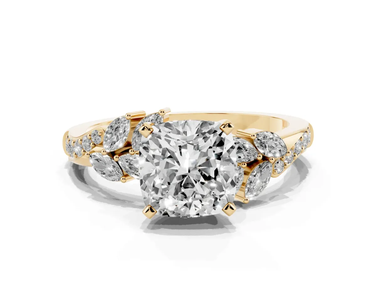 Cushion Cut Solitaire Marquise Twist Band with Six-Prong Setting Yellow gold