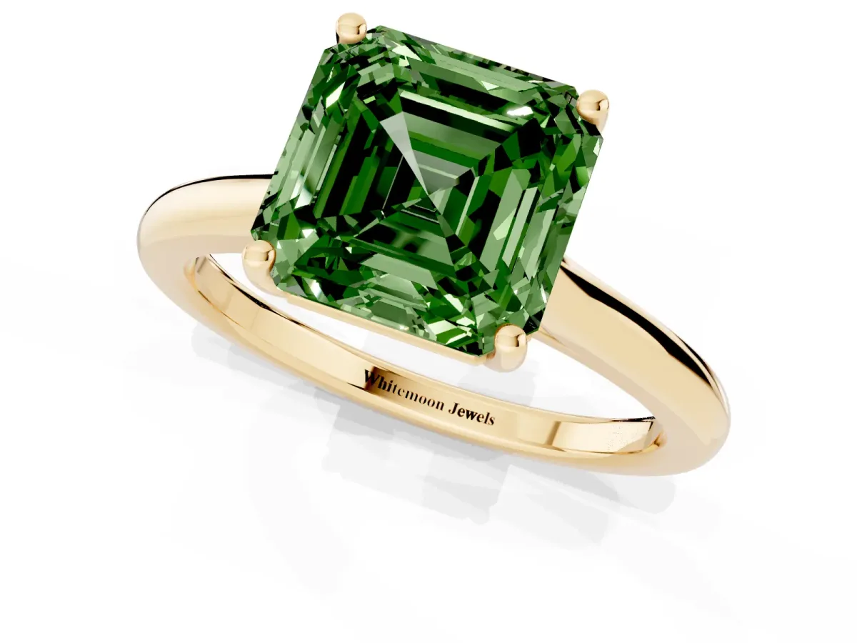 Fancy Green Asscher Cut Cut Solitaire Ring with Cathedral Band and Four-Prong Setting Yellow gold