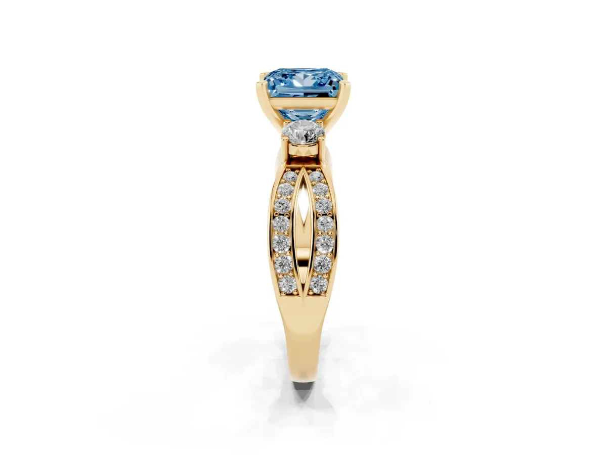 Fancy Blue Three-Stone Princess Cut Cut Diamond Twist Band with Prong Setting Yellow gold