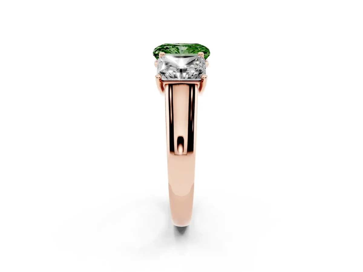 Fancy Green Radiant Cut Three-Stone Diamond Ring with Prong Setting on a Classic Band Rose gold