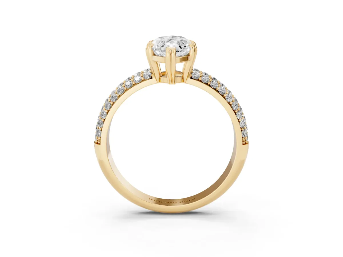 Marquise Cut Diamond Solitaire Ring with Multi-Row Round Pavé Band and Prong Setting Yellow gold