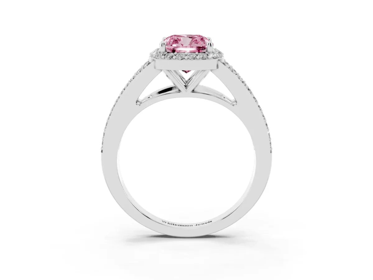 Fancy Pink Cushion Cut Halo Split Shank Diamond Ring with Prong Setting Silver