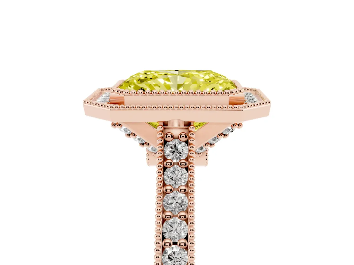 Fancy Yellow Halo Radiant Cut-Cut Diamond Pave Band Milgrain Prong Setting Ring Rose gold
