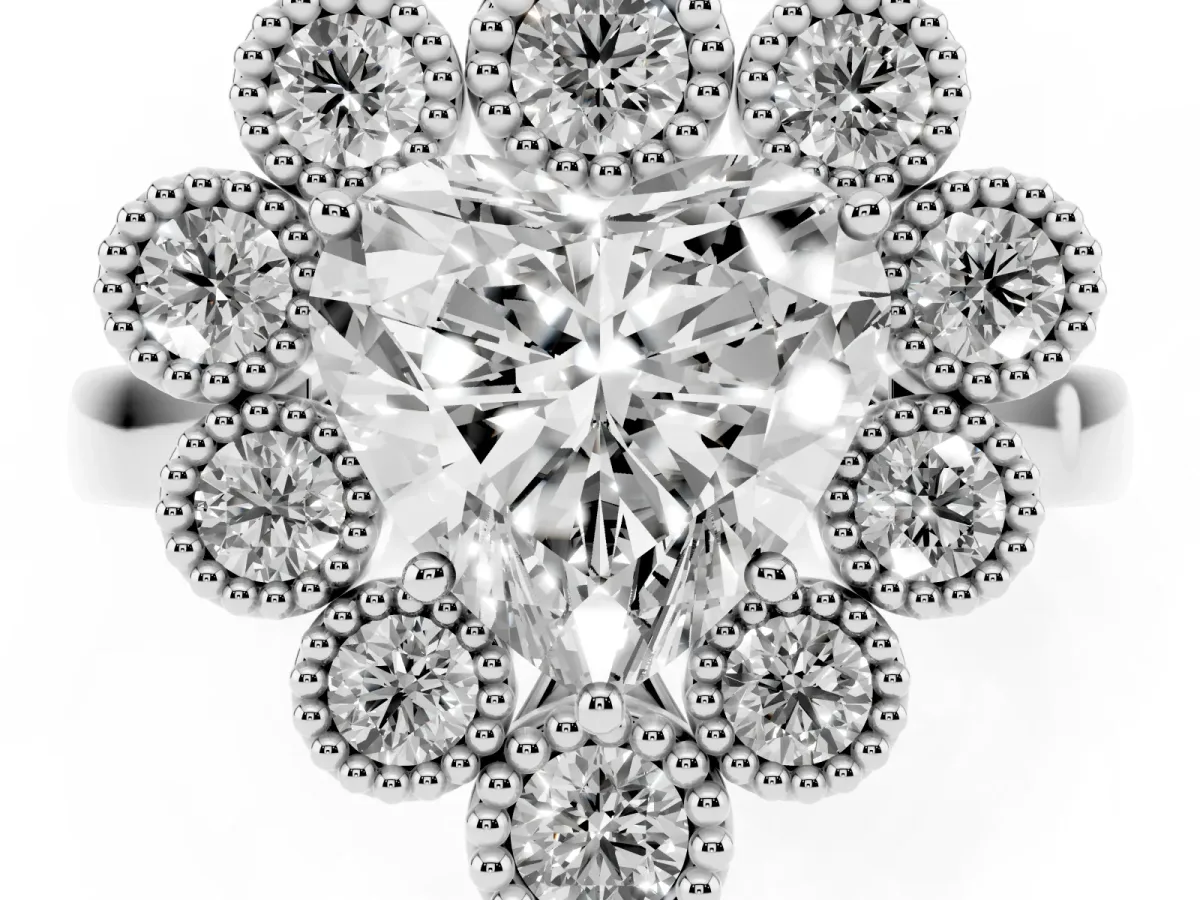 Heart Cut Halo Diamond Cluster Engagement Ring with Milgrain Bezel Setting and Solitaire Band White gold
