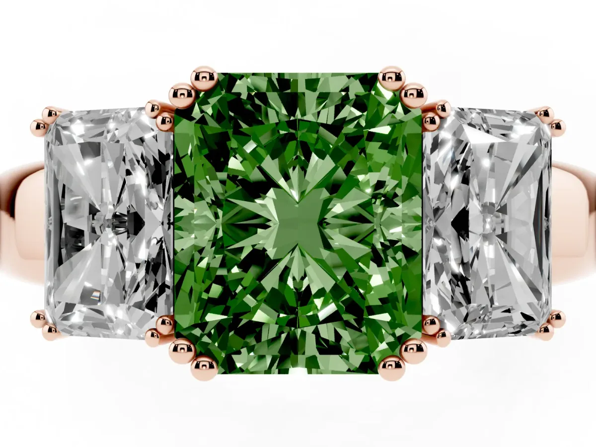 Fancy Green Three-Stone Radiant Cut Cut Diamond Ring with Channel Set Band and Four-Prong Setting Rose gold