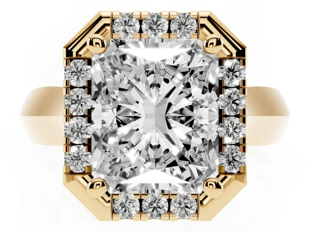 Radiant Cut Cut Halo Solitaire Engagement Ring with Square Band and Four-Prong Setting Yellow gold