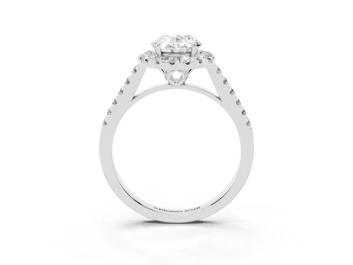 Oval Cut Halo Pavé Diamond Engagement Ring with Four-Prong Setting Platinum