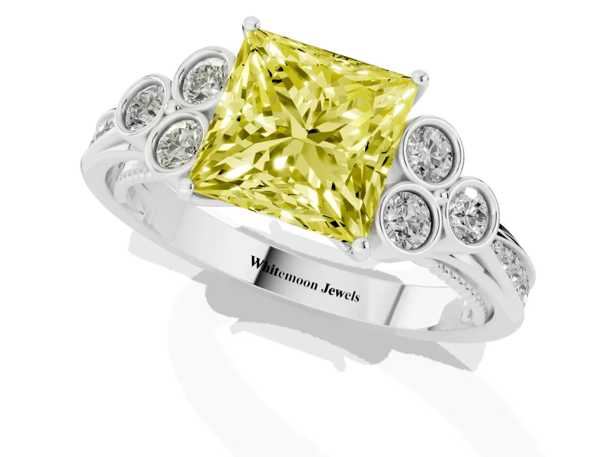 Fancy Yellow Princess Cut Cut Diamond Engagement Ring with Bezel Set Round Side Stones and Prong Setting Silver