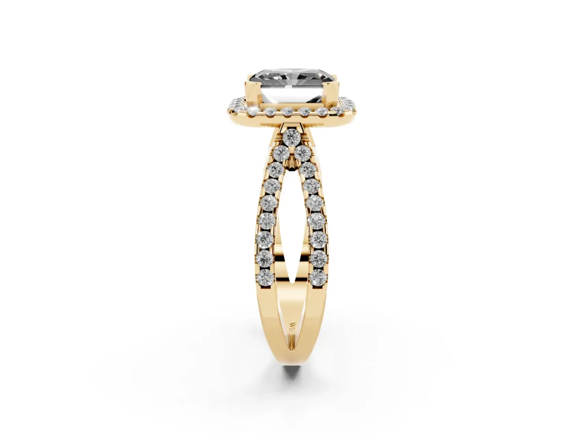 Fancy Black Radiant Cut Diamond Halo Ring with Split Shank Pavé Band and Prong Setting Yellow gold